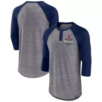 Мужская футболка с принтом Fanatics Heathered серого/темно-синего цвета Boston Red Sox Iconic Over Heat в крапинку реглан Хенли с рукавами 3/4