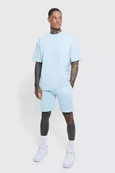 Мужская футболка с реснением и короткий комплект oversize Boohoo, синий