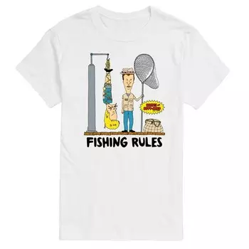 Мужская футболка с рисунком Beavis & Butthead Fishing Rules Licensed Character, белый