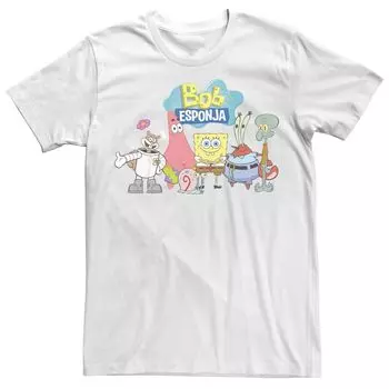 Мужская футболка с рисунком Губка Боб Квадратные Штаны Bob Esponja Happy Group Shot Nickelodeon, белый