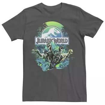 Мужская футболка с рисунком Jurassic World сине-зеленого цвета Jungle Velociraptor Attack Licensed Character
