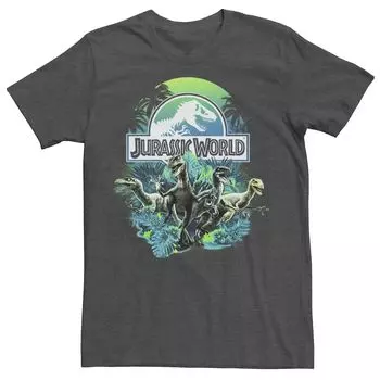 Мужская футболка с рисунком Jurassic World сине-зеленого цвета Jungle Velociraptor Attack Licensed Character