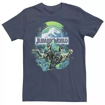 Мужская футболка с рисунком Jurassic World сине-зеленого цвета Jungle Velociraptor Attack Licensed Character