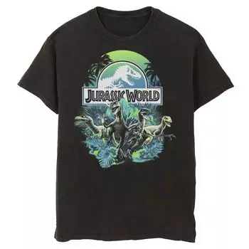 Мужская футболка с рисунком Jurassic World сине-зеленого цвета Jungle Velociraptor Attack Licensed Character, черный