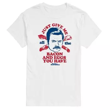 Мужская футболка с рисунком Parks And Recs Ron Bacon Eggs Licensed Character, белый