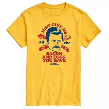 Мужская футболка с рисунком Parks And Recs Ron Bacon Eggs Licensed Character, желтый