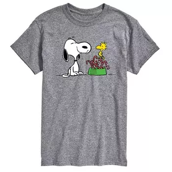 Мужская футболка с рисунком Peanuts Snoopy & Woodstock Candy Canes Licensed Character, цвет Heather Gray