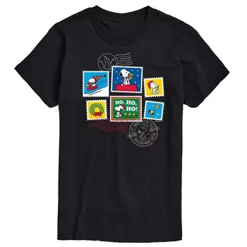 Мужская футболка с рисунком Peanuts Snoopy & Woodstock Holiday Stamp Licensed Character, черный