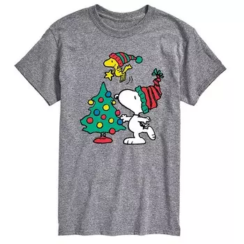 Мужская футболка с рисунком Peanuts Snoopy & Woodstock Tree Licensed Character, цвет Heather Gray