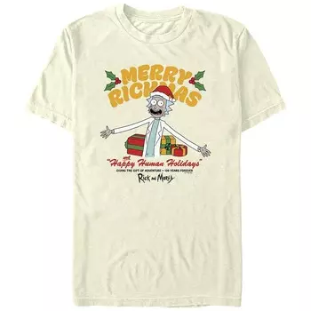 Мужская футболка с рисунком Rick And Morty Merry Rickmas Happy Human Holiday Licensed Character, цвет Natural