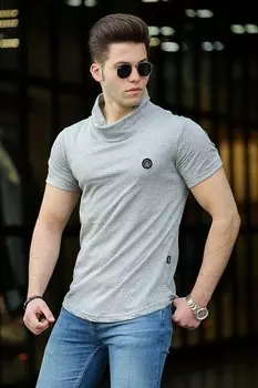 Мужская футболка с шалевым воротником серая 4554 MADMEXT