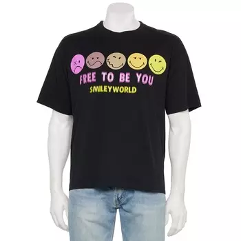 Мужская футболка со смайликомWorld Free To Be You с рисунком SmileyWorld, черный