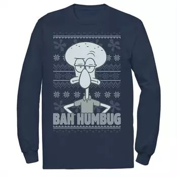 Мужская футболка SpongeBob SquarePants Squidward Bah Humbug Ugly Christmas с длинными рукавами и цветами Nickelodeon, синий