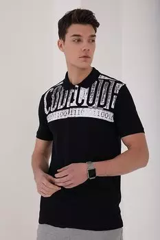 Мужская футболка стандартного кроя с воротником-поло темно-синего цвета с принтом под старину TOMMYLIFE