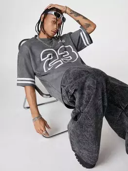 Мужская футболка свободного кроя Street EZ с круглым вырезом, короткими рукавами и принтом, подходит для лета Manfinity, темно-серый