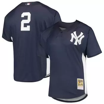Мужская футболка темно-синего цвета Mitchell & Ness Derek Jeter New York Yankees Cooperstown Collection с сетчатым ватиновым тренировочным трикотажем