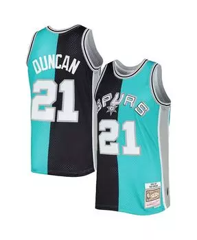 Мужская футболка Tim Duncan Black, Teal San Antonio Spurs Hardwood Classics 1998-99 Split Swingman Mitchell & Ness, черный