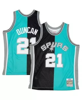 Мужская футболка Tim Duncan Black, Teal San Antonio Spurs Big and Tall Hardwood Classics 1998-99 Split Swingman Mitchell & Ness