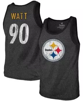 Мужская футболка TJ Watt Heathered Black Pittsburgh Steelers с названием и номером, три-смесовая майка Fanatics, черный