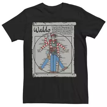 Мужская футболка Where's Waldo Витрувиан Уолдо с рисунком в виде прокрутки Licensed Character, черный