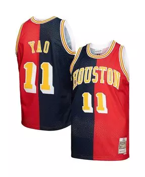 Мужская футболка yao ming navy, red houston rockets hardwood classics 2004-05 split swingman jersey Mitchell & Ness, мульти