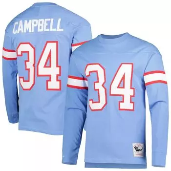 Мужская голубая футболка Mitchell & Ness Earl Campbell с длинным рукавом «Хьюстон Ойлерз» с именем и номером вышедшего на пенсию игрока 1984 года