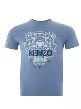 Мужская хлопковая футболка Kenzo с тигровым принтом и логотипом спереди, синий