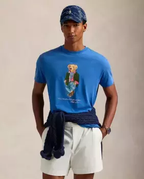 Мужская хлопковая футболка с изображением медведя поло Polo Ralph Lauren, синий