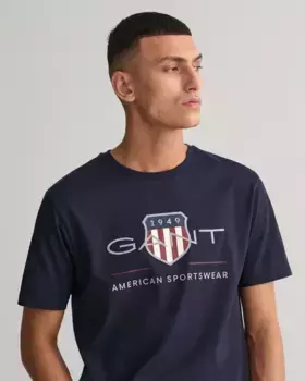Мужская хлопковая футболка с принтом спереди Gant, тёмно-синий
