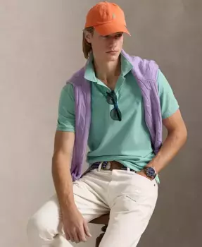Мужская хлопковая поло с сетчатой вставкой Custom Slim Fit Polo Ralph Lauren, зеленый