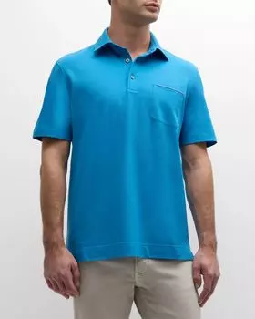 Мужская хлопковая рубашка-поло с карманом с кожаной отделкой ZEGNA, цвет Bright Blue Solid