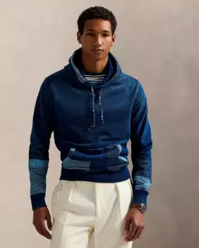 Мужская хлопковая толстовка с капюшоном с нашивками Polo Ralph Lauren, тёмно-синий