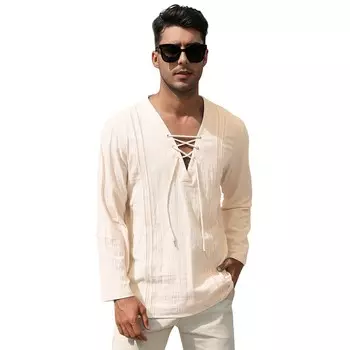 Мужская хлопково-льняная рубашка на пуговицах на шнуровке с длинным рукавом и V-образным вырезом, повседневные пляжные рубашки в стиле хиппи Kojooin, белый