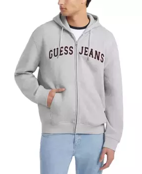 Мужская худи с аппликацией логотипом из тафтингового шинила на молнии, классический крой GUESS JEANS, серый