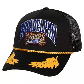 Мужская кепка Mitchell & Ness Black Philadelphia 76ers из твердой древесины, классическая сетка с сусальным золотом, кепка Trucker Snapback