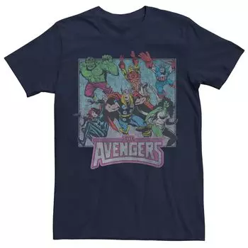 Мужская классическая футболка с эффектом потертости Marvel Avengers Group Action Shot Licensed Character, синий