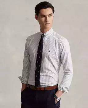 Мужская классическая полосатая растягивающаяся рубашка Oxford Polo Ralph Lauren, серый