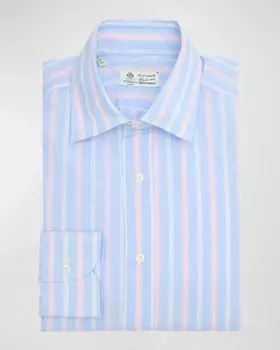 Мужская классическая рубашка из хлопка и льна в несколько полосок Borrelli, цвет 1 Blue Pink White