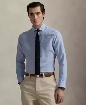 Мужская классическая рубашка из льна в клетку "гусиная лапка" Polo Ralph Lauren, синий
