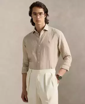 Мужская классическая рубашка из льна в клетку "гусиная лапка" Polo Ralph Lauren, коричневый/бежевый