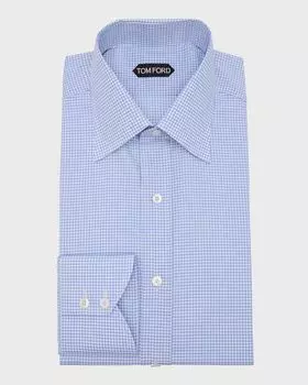 Мужская классическая рубашка узкого кроя из саржи в мелкую клетку TOM FORD, цвет Denim