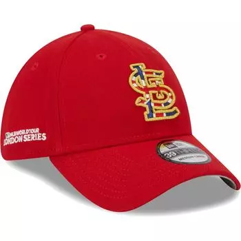 Мужская красная мужская кепка New Era St. Louis Cardinals MLB World Tour: London Series 2023 с заполнением флага 39THIRTY Flex Hat