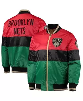 Мужская красно-черно-зеленая куртка brooklyn nets black history month nba 75th anniversary full zip jacket Starter, мульти