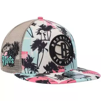 Мужская кремовая кепка New Era Brooklyn Nets Palm Trees 9FIFTY Trucker Snapback