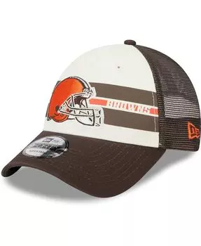 Мужская кремово-коричневая кепка Cleveland Browns Team Stripe Trucker 9FORTY Snapback New Era