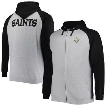 Мужская куртка с капюшоном Fanatics из флиса серого цвета Хизер New Orleans Saints Big & Tall с молнией во всю длину и регланом