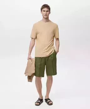 Мужская льняная футболка Slim-Fit MANGO, коричневый/бежевый