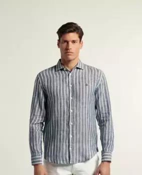 Мужская льняная рубашка, классический покрой, в полоску, темно-синего цвета Valecuatro, тёмно-синий