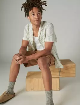 Мужская льняная рубашка Lucky Brand в полоску с коротким рукавом и воротником-стойкой, цвет Cobblestone