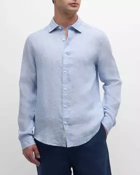Мужская льняная рубашка приталенного кроя на пуговицах Onia, цвет Oxford Blue